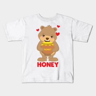 Happy cute kawaii honey bear with a pot of honey design Kids T-Shirt